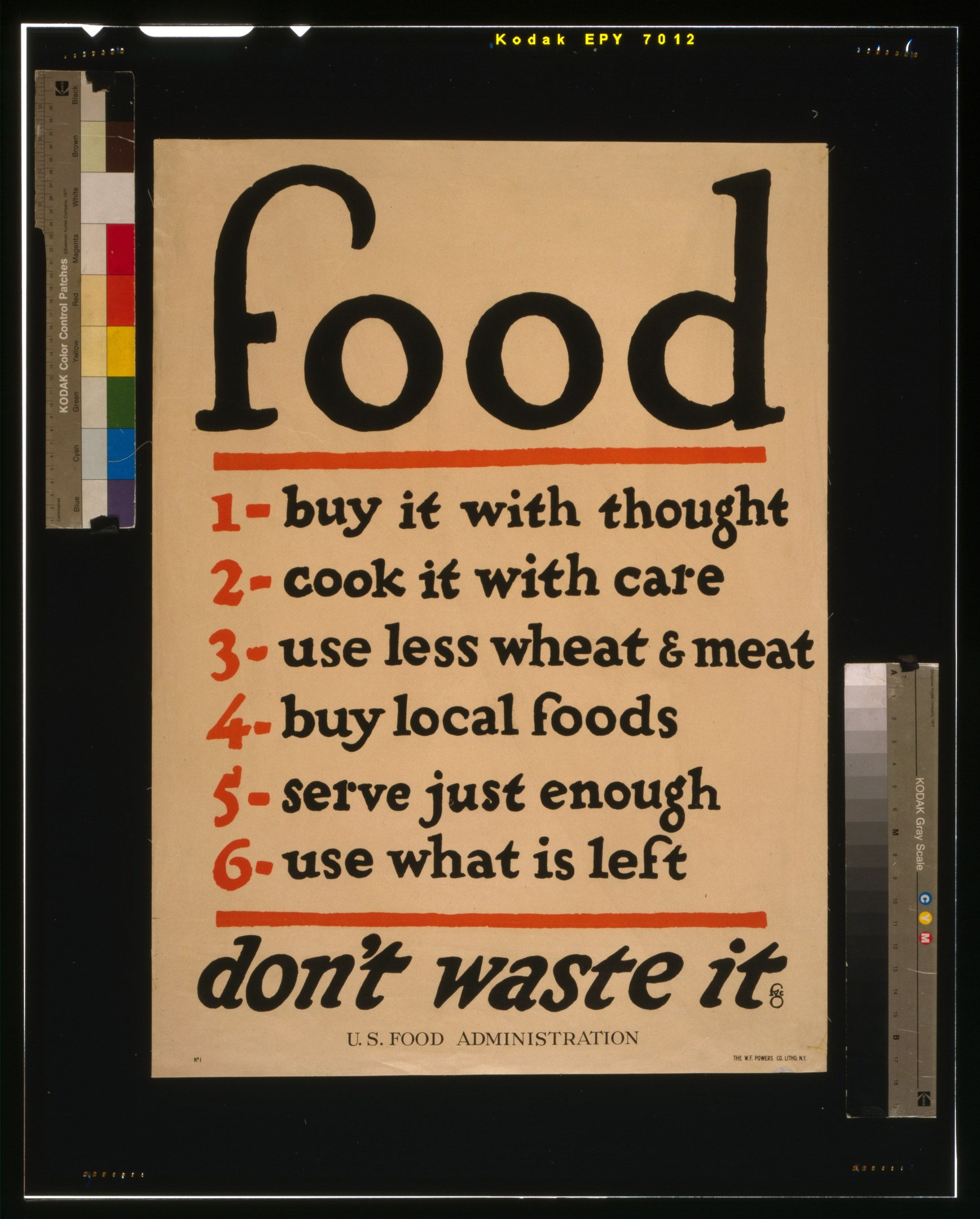 Plakat mit Text, der zum bewussten Einkaufen, sorgfältigen Kochen, reduziertem Getreide- und Fleischkonsum, angemessenen Portionen und Vermeidung von Abfall auffordert.