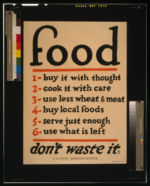 Plakat mit Text, der zum bewussten Einkaufen, sorgfältigen Kochen, reduziertem Getreide- und Fleischkonsum, angemessenen Portionen und Vermeidung von Abfall auffordert.