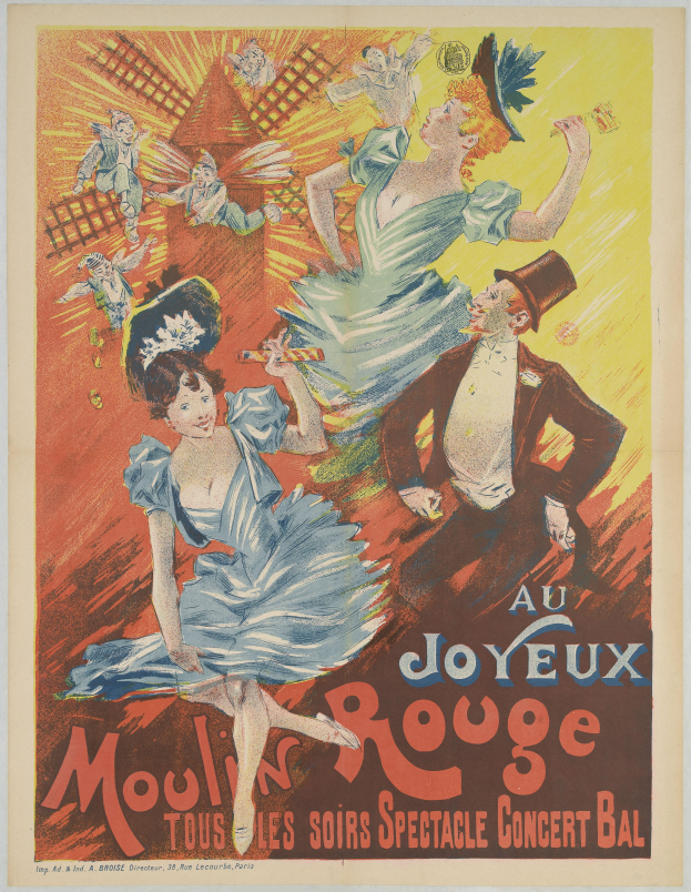 Ein Plakat, das ein Moulin Rouge-Konzert in Paris, Frankreich, ankündigt, mit einem leuchtend roten Hintergrund, tanzenden Menschen in bunten Kostümen und der Schrift "Moulin Rouge" in weißer, fetter Schrift.