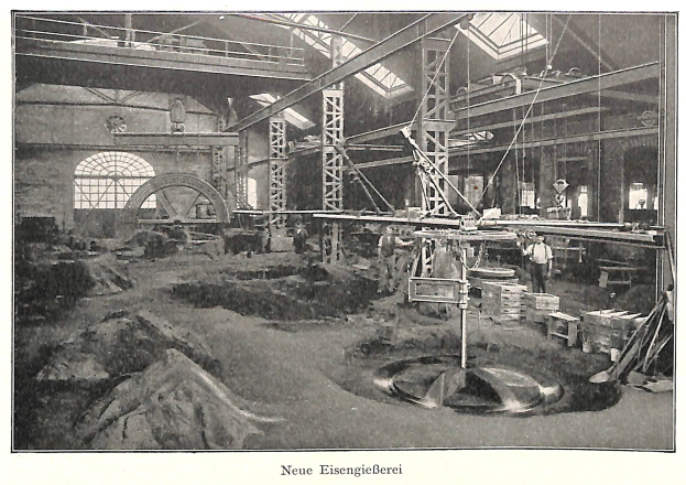 Ein altes Schwarz-Weiß-Foto einer Fabrik mit Arbeitern, die an einer Maschine arbeiten, umgeben von Metallstangen und -rohren, mit der Aufschrift "Neue Eisenglebeerei, die erste Fabrik in Deutschland" unten.