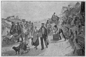 Eine Gruppe von Menschen, einige mit Taschen und einer auf einem Pferdewagen sitzend, geht eine Schotterstraße entlang mit einem Hund, Häusern und einem klaren Himmel im Hintergrund; Text unten lautet "Deutsche Flüchtlinge in Deutschland".