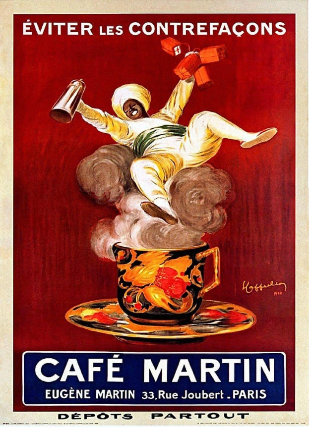 Plakat für Café Martin in Paris mit einer Person, die eine Tasse Kaffee hält und darüber den Text 'Café Martin' in fetter Schrift.