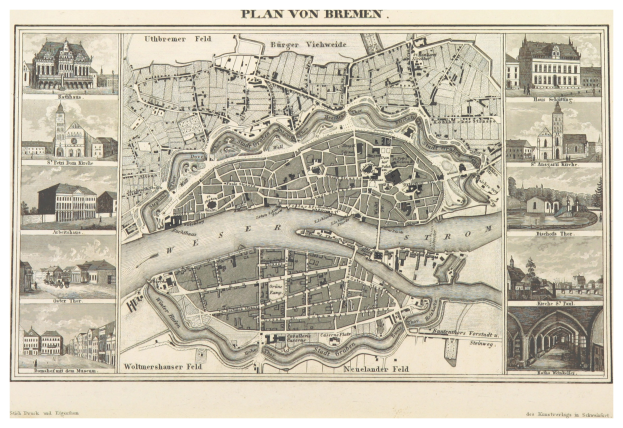 Alte detaillierte Karte von Bremen, Deutschland, die Straßen, Gebäude und Sehenswürdigkeiten auf altem Papier mit Illustrationen zeigt.