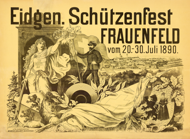 Ein Vintage-Plakat, das das Eidgen Schützenfest in Frauenfeld, Deutschland, bewirbt, zeigt einen Mann in einem Anzug und eine Frau in einem Kleid nebeneinanderstehend, mit Text, der Informationen über das Ereignis enthält.