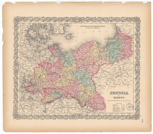 Alte Landkarte der preußischen und sächsischen Provinzen mit sichtbaren Grenzen, auf altem Papier gedruckt.