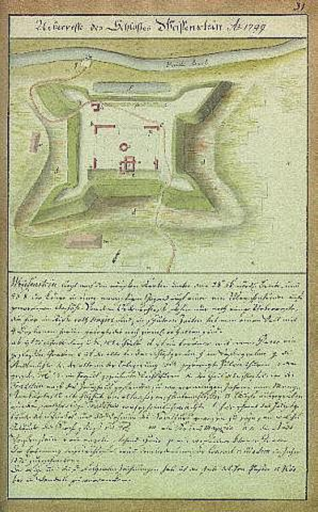 Ein altes Stadtplan von Stuttgart, Deutschland, mit einem Schloss in der Mitte und begleitendem Text, der die Größe, den Standort und andere Merkmale des Schlosses beschreibt.