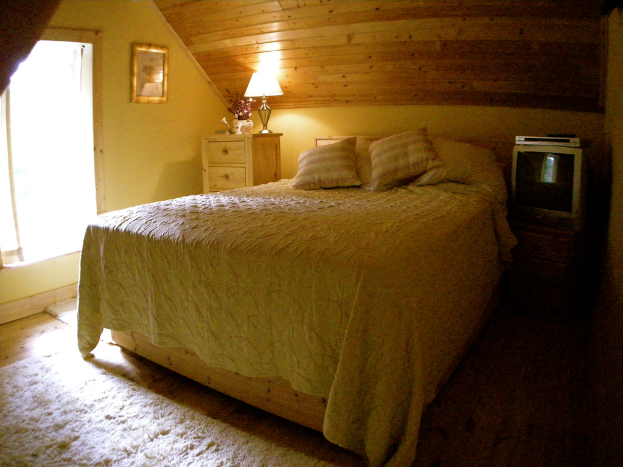 Ein Schlafzimmer mit einem Bett, einem Nachttisch und einer Kommode.