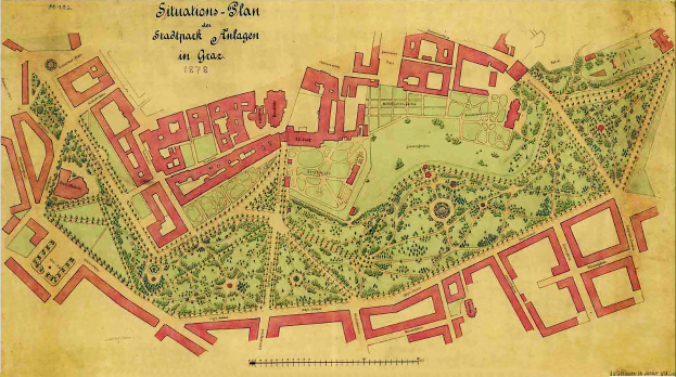 Eine alte Karte von Stuttgart, Deutschland, mit einer grünen Grenze, die detaillierte Gebäude, Straßen und Merkmale sowie Text über die Einwohnerzahl, den Standort und die Geschichte der Stadt zeigt.