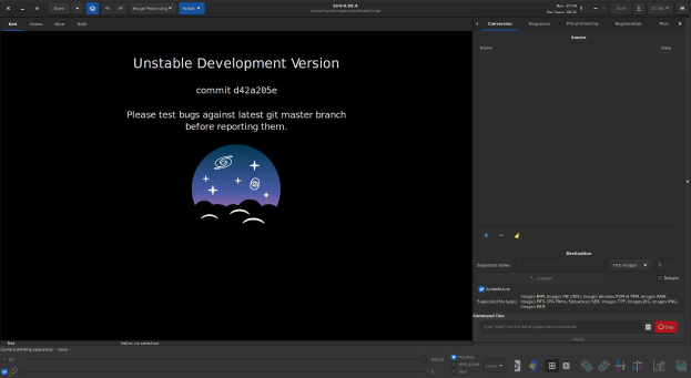 Screenshot eines Computerbildschirms mit der fettgedruckten Textzeile "instabile Entwicklungsversion" auf schwarzem Hintergrund, wobei "unaufhaltsame Entwicklung" in hellblau hervorgehoben ist, zusammen mit Symbolen für eine Suchleiste, ein Dropdown-Menü und eine Fortschrittsleiste.
