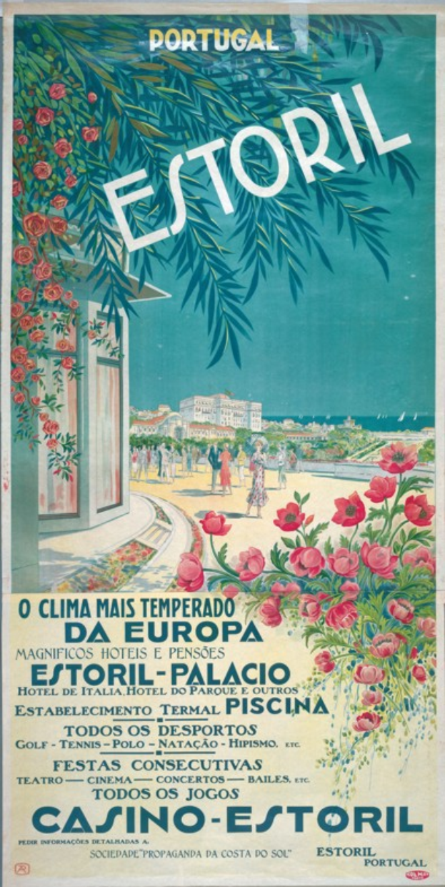Ein Plakat, das das Estoril Casino in Portugal bewirbt, zeigt eine farbenfrohe Mischung aus Blumen, Bl├Ąttern und Text sowie Menschen, Geb├Ąude und einen Wasserlauf im Hintergrund.