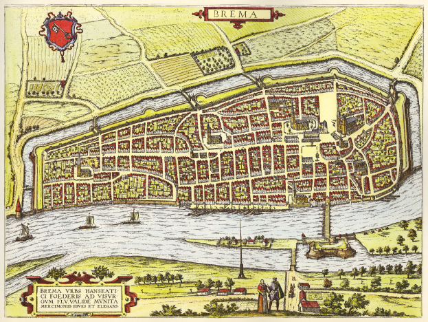 Detailreiche illustrierte Stadtplan-Poster von Bremen, Deutschland, mit Straßen, Gebäuden und Sehenswürdigkeiten sowie begleitendem Text.