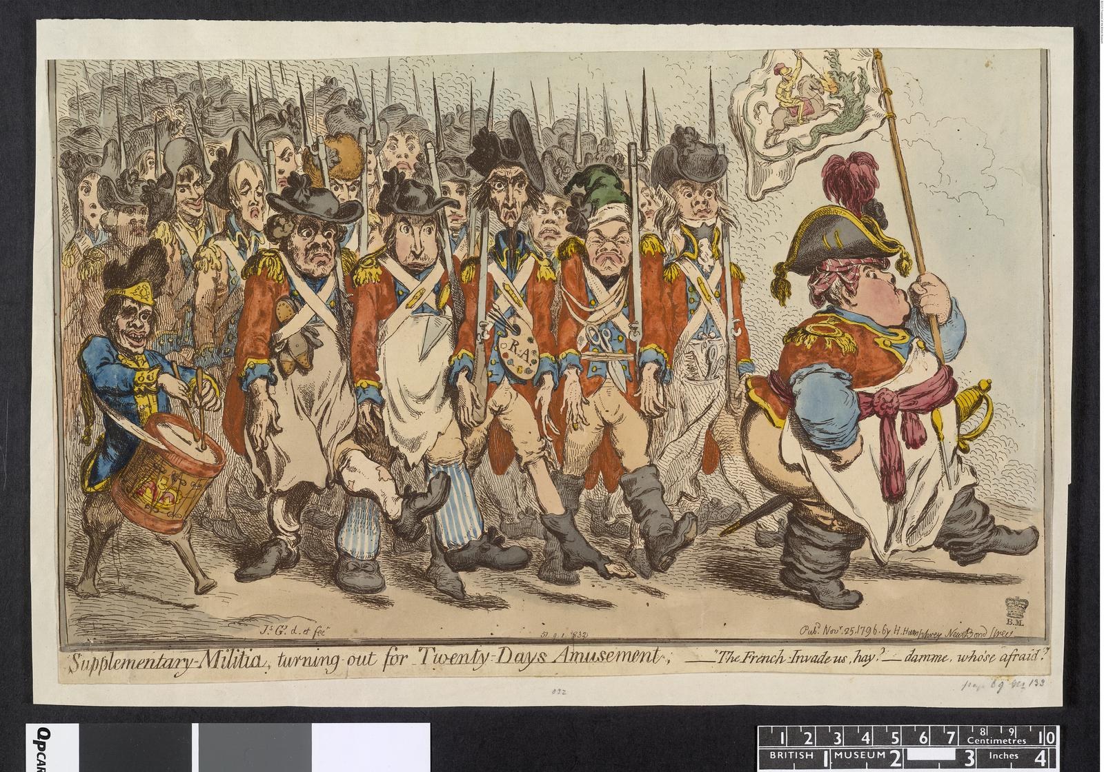 Gruppe von Männern in Militäruniformen marschiert auf einer Straße, einer hält einen Stock in der Hand, mit dem Text 'Ergänzender Militärdienst, Ausmarsch für zwanzig Tage Vergnügen' unten.