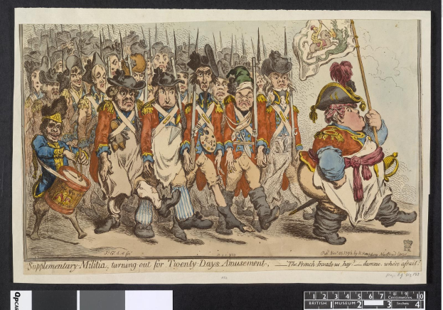 Gruppe von Männern in Militäruniformen marschiert auf einer Straße, einer hält einen Stock in der Hand, mit dem Text 'Ergänzender Militärdienst, Ausmarsch für zwanzig Tage Vergnügen' unten.