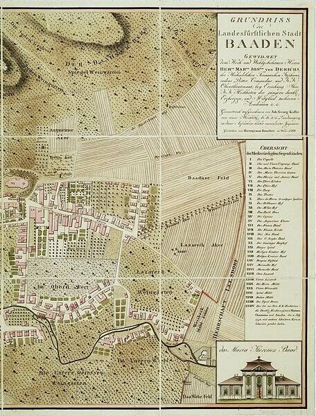 Alte detaillierte Karte von Baden-Württemberg, Deutschland, mit einem Gebäude in der rechten unteren Ecke, die Straßen, Gebäude und andere Merkmale zeigt, begleitet von Text, der zusätzliche Stadtinformationen bereitstellt.