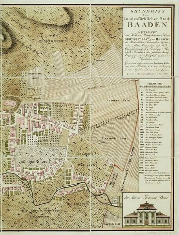 Alte detaillierte Karte von Baden-Württemberg, Deutschland, mit einem Gebäude in der rechten unteren Ecke, die Straßen, Gebäude und andere Merkmale zeigt, begleitet von Text, der zusätzliche Stadtinformationen bereitstellt.
