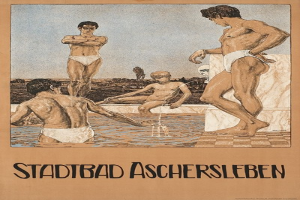 Plakat für ein Schwimmbad in Aschersleben, Deutschland, das Menschen im Wasser zeigt, darunter eine sitzende Person, und Text mit Pool-Informationen.