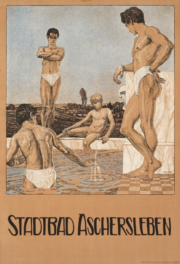 Plakat für ein Schwimmbad in Aschersleben, Deutschland, das Menschen im Wasser zeigt, darunter eine sitzende Person, und Text mit Pool-Informationen.