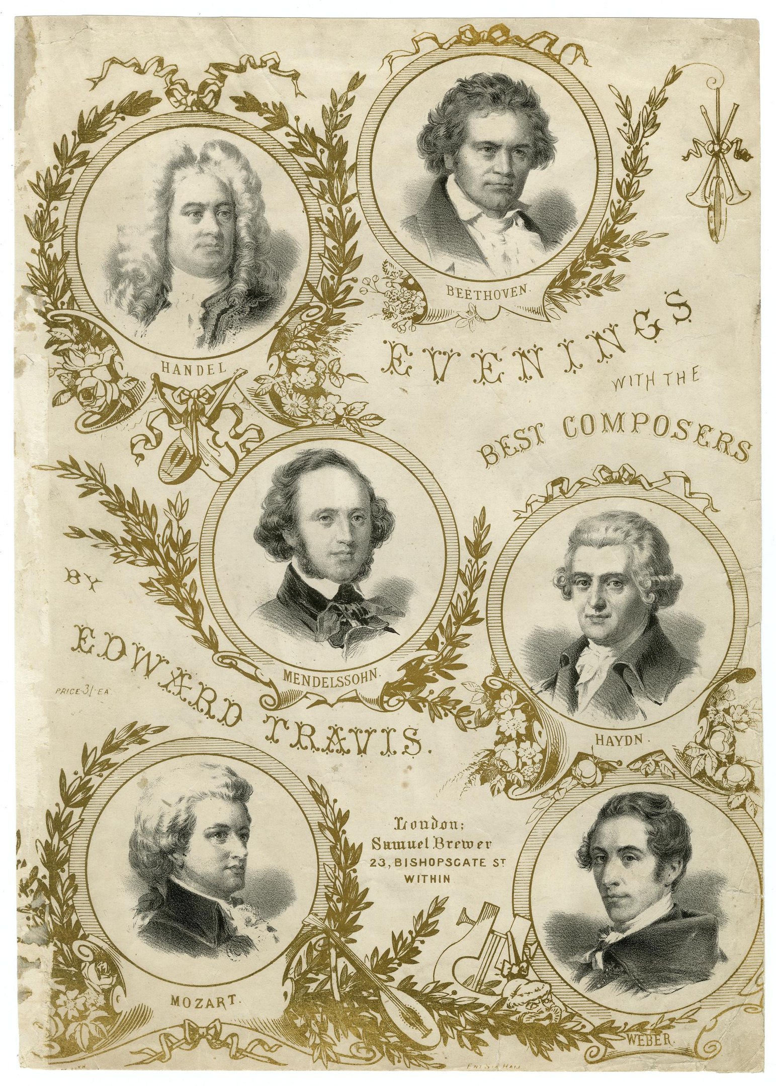 Plakat mit dem Titel 'Abende mit den besten Komponisten von Edward Travis' mit fünf lächelnden Personen verschiedenen Alters, Geschlechts und Ethnien in einem umrandeten Layout.