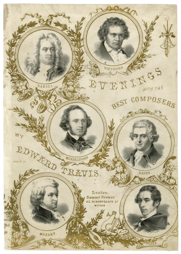 Plakat mit dem Titel 'Abende mit den besten Komponisten von Edward Travis' mit fünf lächelnden Personen verschiedenen Alters, Geschlechts und Ethnien in einem umrandeten Layout.