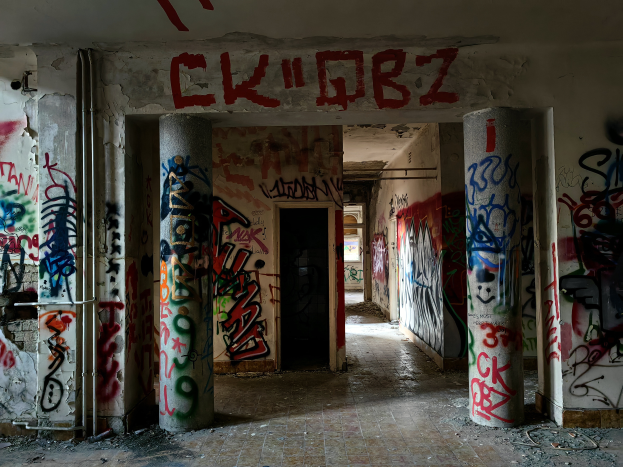 Ein verlassenes Gebäude mit Graffiti an den Wänden und Säulen, sichtbarer Boden, Rohre an den Wänden und eine Tür im Hintergrund.