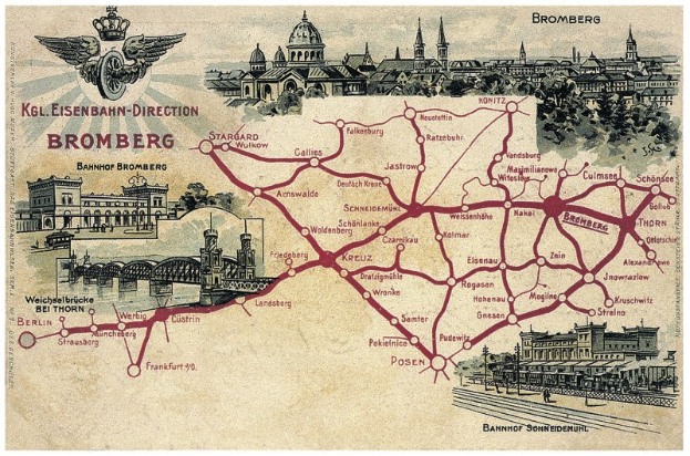 Detailiertes Stadtplan-Poster von Bromberg, Deutschland, zeigt Straßen, Sehenswürdigkeiten, Gebäude, Bäume, eine Brücke und informativen Text über die Stadt.