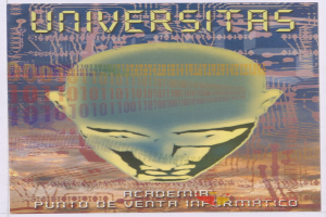 Plakat mit einem kahlköpfigen Mann mit breitem Grinsen und geschlossenen Augen, umgeben von Text und Zahlen, mit "Universitas" in fetter schwarzer Schrift.