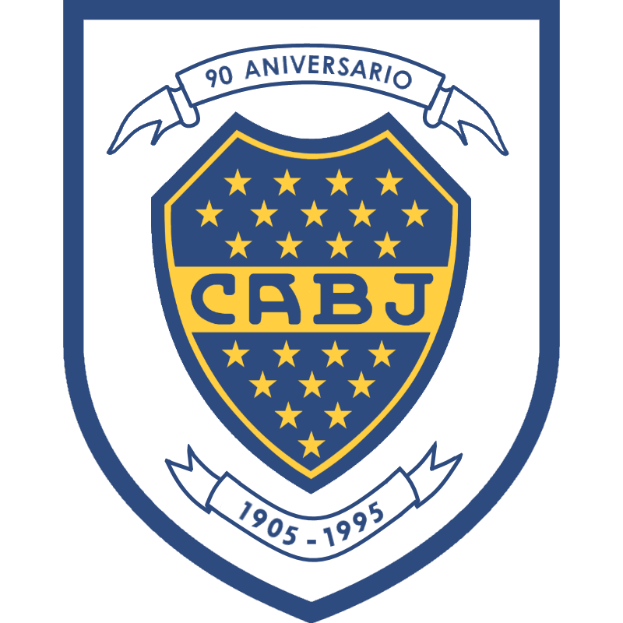 Das Logo von Boca Juniors, einem brasilianischen Fußballclub, feiert seinen 90. Geburtstag mit einem blauen und gelben Schild mit dem Namen des Clubs in fetter weißer Schrift, einem gelben Stern in der Mitte und den Worten 'Boca Junio' in kleinerer Schrift darunter.