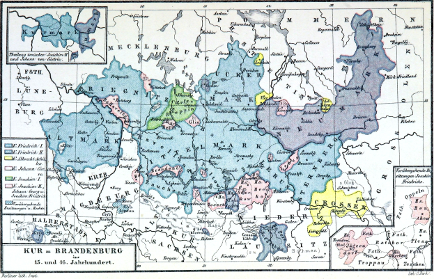 Eine detaillierte Karte von Deutschland mit der Provinz Brandenburg hervorgehoben, die Städte, Ortschaften und geografische Merkmale zeigt, zusammen mit Textinformationen über Provinzen und ihre Hauptstädte.