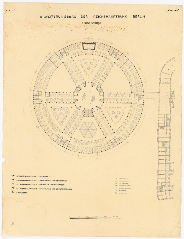 Ein detaillierter Grundriss der Reichshauptbank in Berlin, Deutschland, ein rundes Gebäude mit zahlreichen Fenstern, begleitet von Text und einem Layout-Plan.