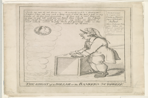 Eine Zeichnung einer Person, die vor einer Kiste steht und ängstlich nach oben schaut, mit der Aufschrift "The Ghost of a Dollar or the Bankers Surprize" darüber.