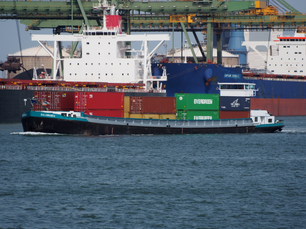 Ein riesiger Containerfrachter mit zahlreichen Containern liegt nahe einem Hafen mit einer Brücke im Hintergrund und einem klaren Himmel, mit Text am unteren Bildrand.