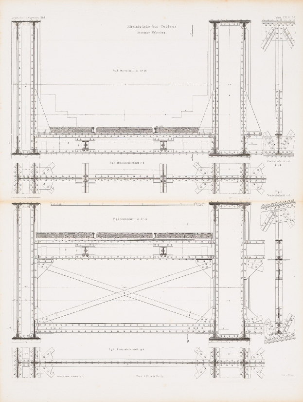 Ein detaillierter Bauplan für eine Brücke in einem Buch, der Balken, Seile und andere konstruktive Komponenten zeigt.