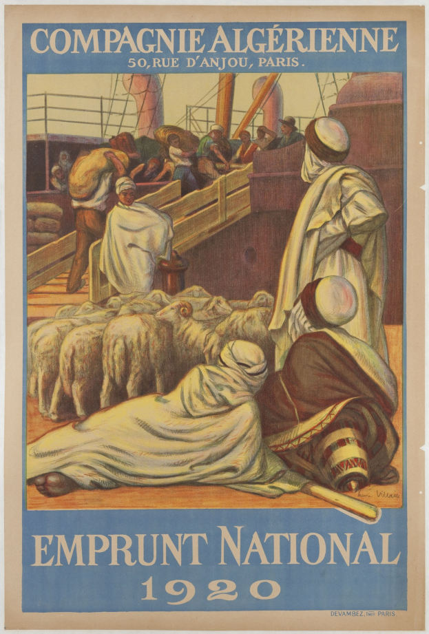 Plakat für die 1920er Emprunt National mit einer Gruppe von Menschen und Tieren und Text mit Ereignisinformationen.