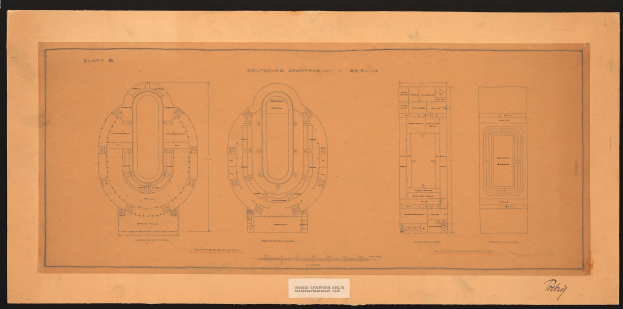 Eine Schwarz-Weiß-Architekturzeichnung des Deutschen Sportforums in Berlin, die detaillierte Grundrisse und begleitenden Text zeigt.