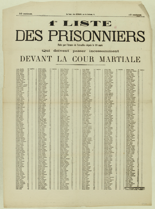 Eine alte, vergilbte Zeitung mit einer Liste von Gefangenen in zwei Spalten, einer für die Gefangenennummern und einer für die Namen, auf einem hellen cremefarbenen Hintergrund.