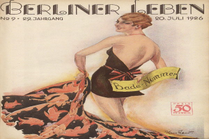 Eine Frau in einem Badeanzug steht auf dem Cover der Berliner Leben Zeitschrift vom Juni 1926, mit einem Tuch in der Hand, und der Zeitschriftenüberschrift quer darüber.