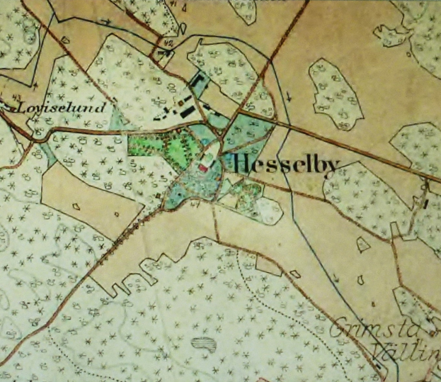 Ein altes Stadtplan von der Stadt Hesselby, der Straßen, Gebäude und Sehenswürdigkeiten mit Text und Nummern angibt.