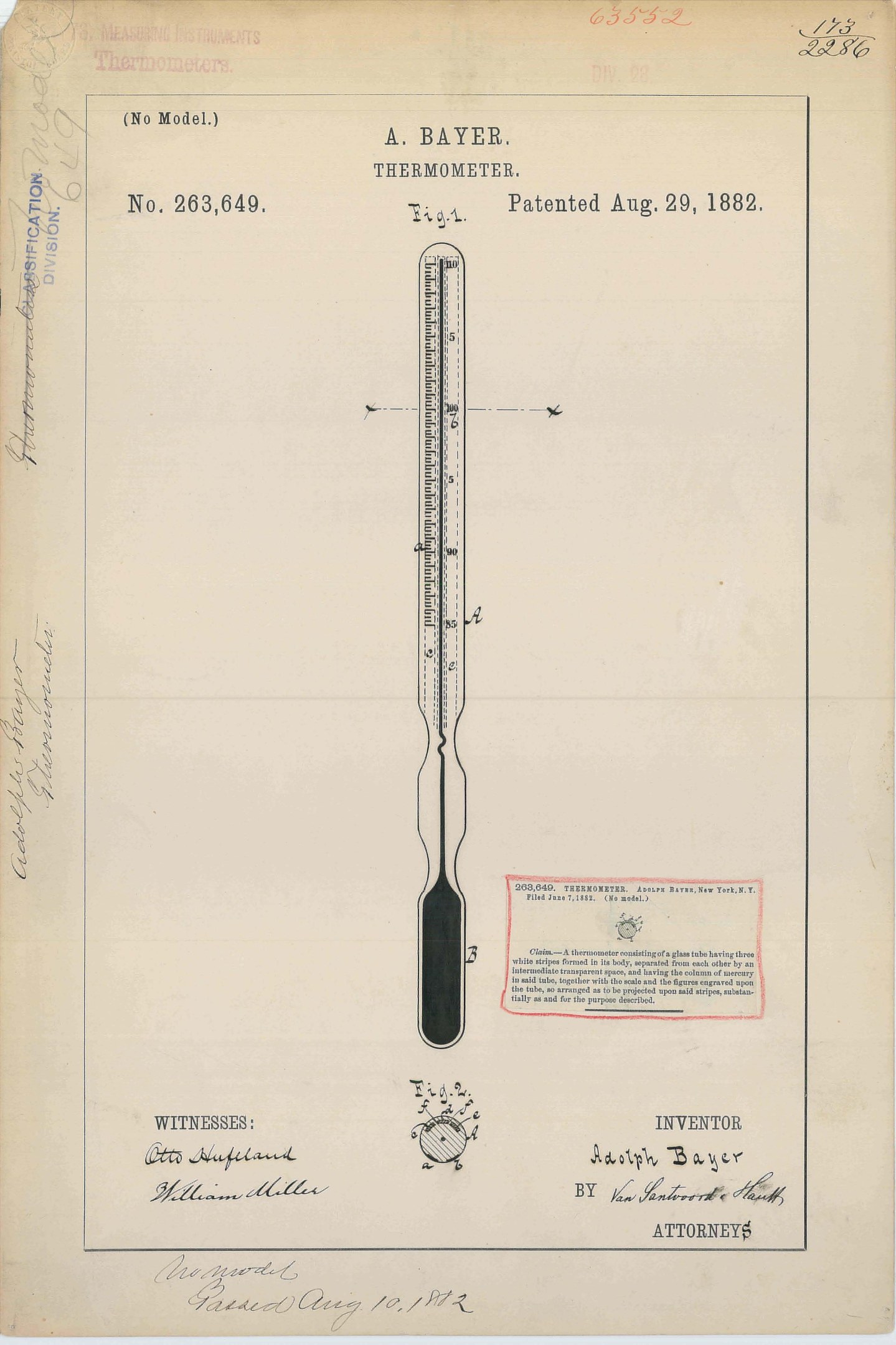 Altes Buch mit einer Zeichnung eines Thermometers, das "Bayer Thermometer Patent No. 263,649" darauf beschriftet ist.