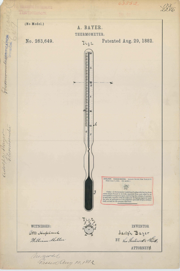 Altes Buch mit einer Zeichnung eines Thermometers, das "Bayer Thermometer Patent No. 263,649" darauf beschriftet ist.