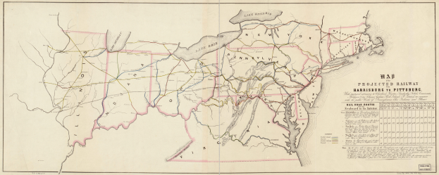 Eine Karte der Vereinigten Staaten, die die vorgeschlagenen Eisenbahnrouten von Harrisburg nach Pittsburgh zeigt, mit detaillierten Texten über die Eisenbahnlinien und -routen auf Papier gedruckt.