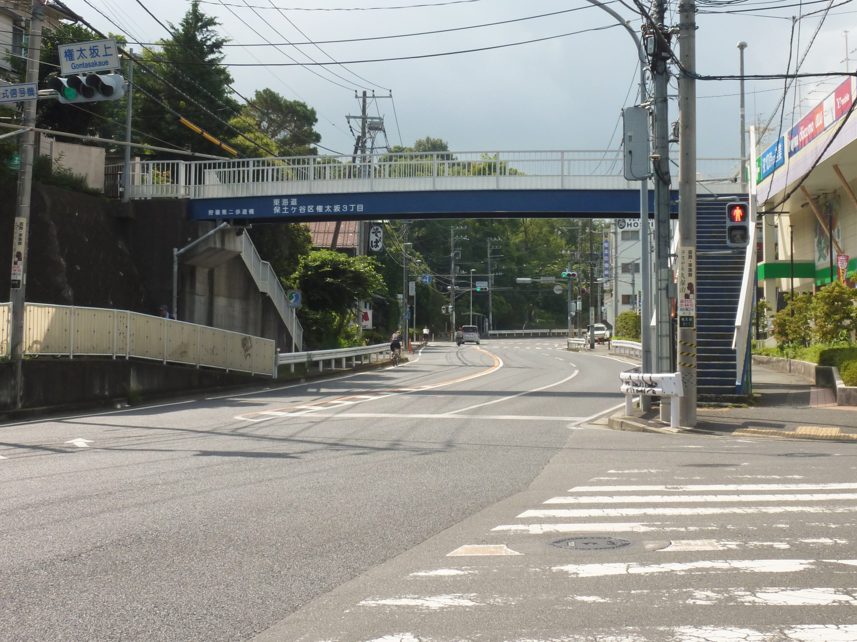 Stadtstraße mit einer Fußgängerbrücke darüber, Fahrzeuge auf der Straße, Strommasten mit Drähten, Verkehrsampeln, Schilder, Gebäude mit Fenstern, Bäume, Pflanzen und ein Himmel im Hintergrund.
