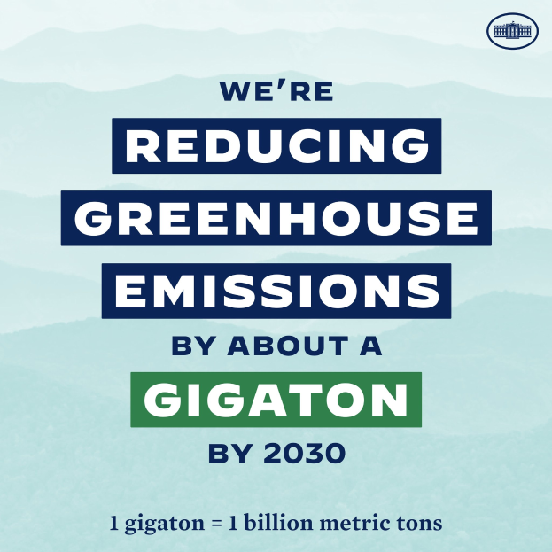 Ein Plakat mit Text und einem Logo, auf dem steht: "Wir reduzieren die Treibhausgasemissionen um etwa eine Gigatonne bis 2030."