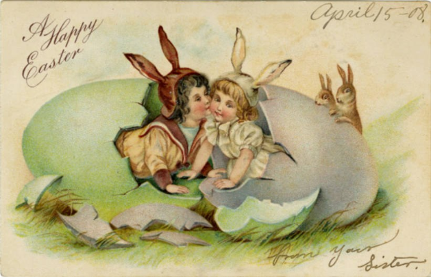 Altmodische Ostern-Postkarte mit zwei Kindern in einem Ei mit zwei Hasen, begleitet von einem Text, der einen fröhlichen Osterwunsch ausspricht.