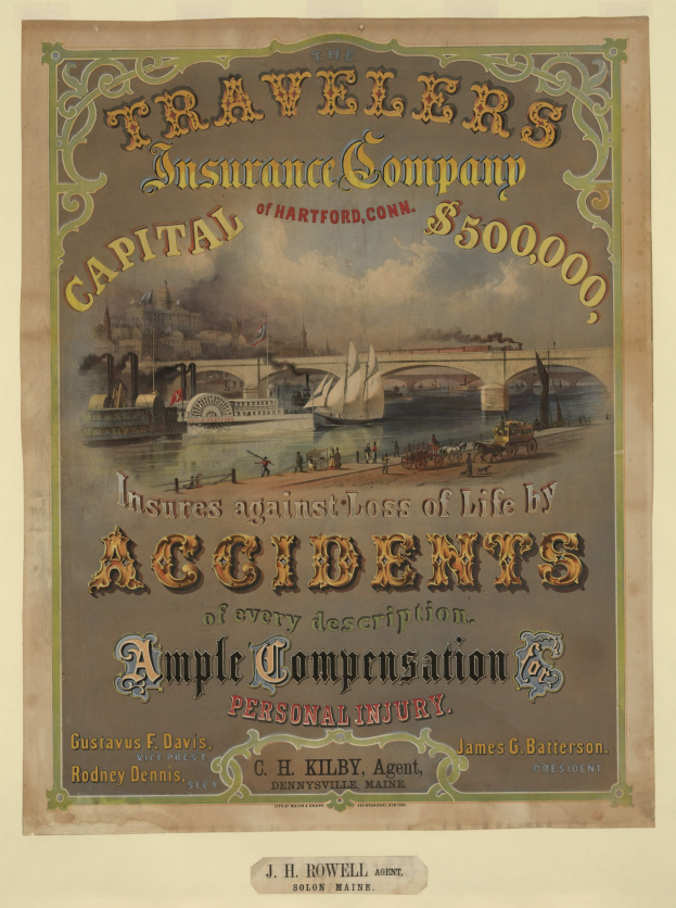 Werbeposter für die Traveler's Insurance Company of Hartford, Connecticut, mit Booten, einer Brücke, Gebäuden und Texten, die Reiseversicherungsdienstleistungen anbieten.
