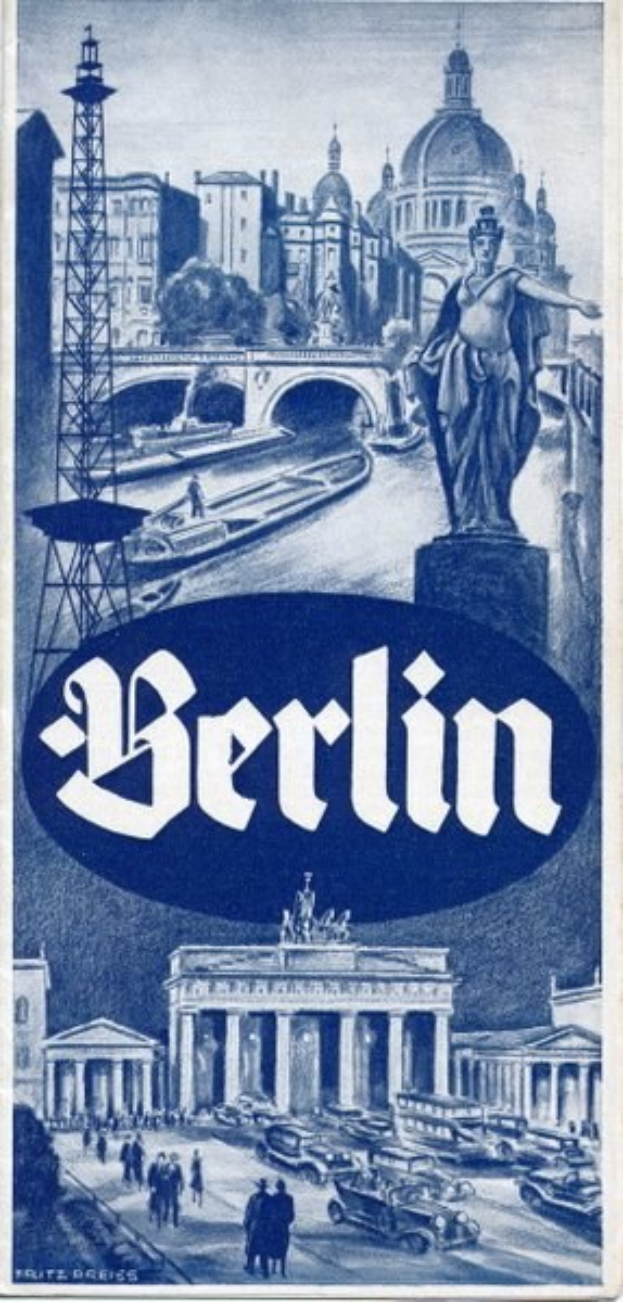 Plakat, das Berlin, Deutschland, mit einer Statue, Gebäuden, einem Turm, Menschen, Fahrzeugen auf der Straße und einer Brücke zeigt. Das Plakat hat auch Text, der wahrscheinlich Informationen über die Stadt enthält.