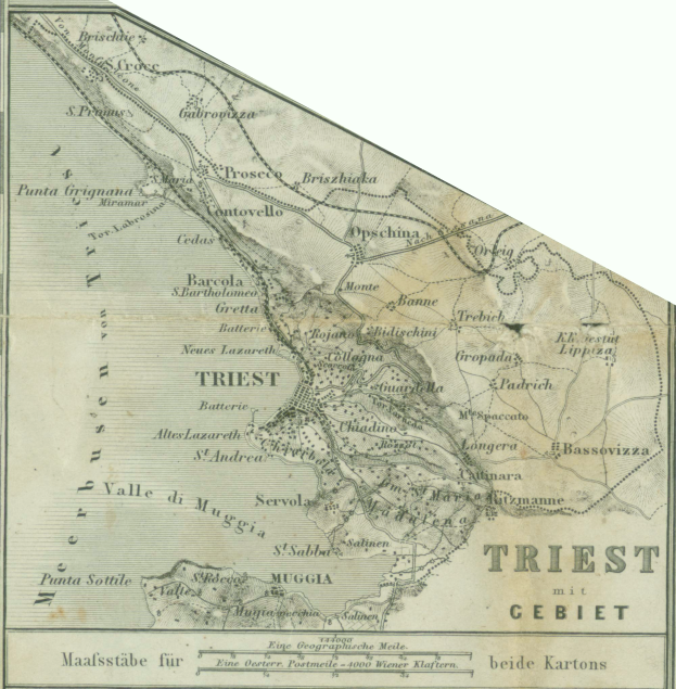 Ein detailliertes altes Kartenbild der Triest-Region in Deutschland, das geographische Elemente wie Flüsse, Berge und Städte zeigt, mit begleitendem Text.