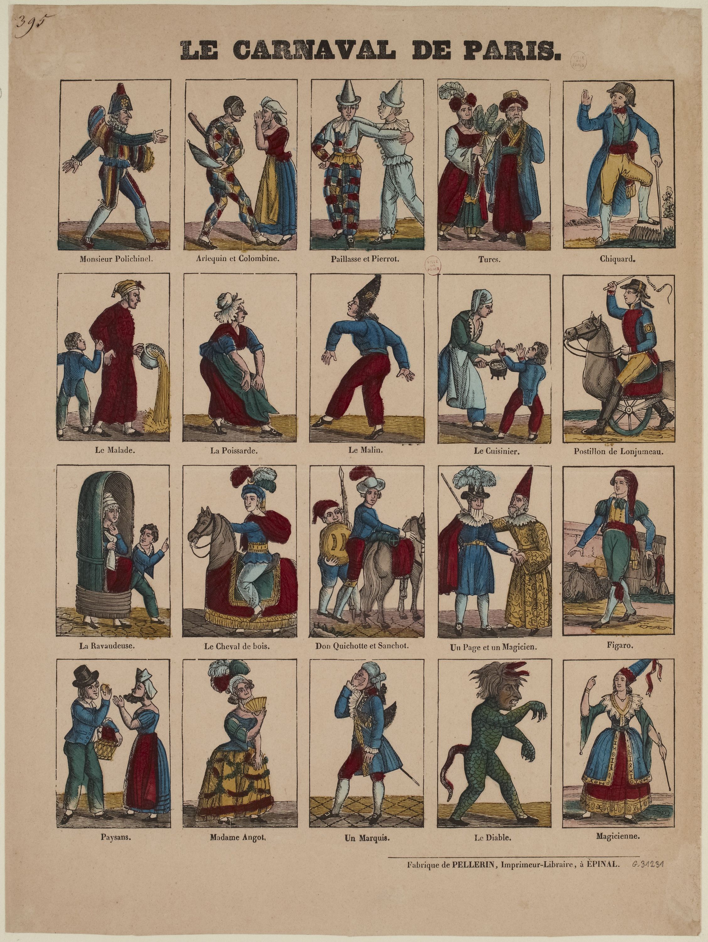 Ein Blatt mit leuchtenden, detaillierten Bildern von Menschen in bunten Karneval von Paris Kostümen, einschließlich gefiederter und aufwändiger Kopfschmuck, mit fetter Schrift.