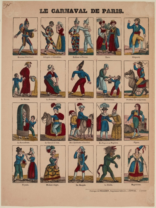 Ein Blatt mit leuchtenden, detaillierten Bildern von Menschen in bunten Karneval von Paris Kostümen, einschließlich gefiederter und aufwändiger Kopfschmuck, mit fetter Schrift.