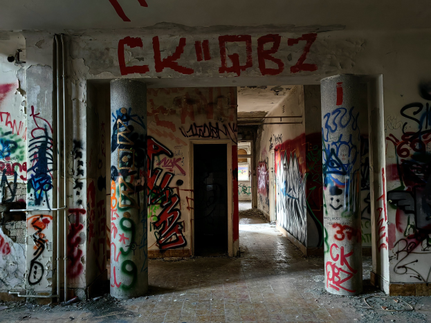 Verlassenes Gebäude mit Graffiti-bedeckten Wänden, sichtbarem Boden, freiliegenden Rohren und einer Tür im Hintergrund, die urbane Verwahrlosung darstellend.