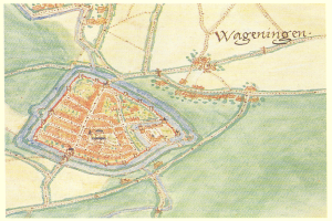 Ein detaillierter Stadtplan von Wageningen, Deutschland, der Straßen, Gebäude und Sehenswürdigkeiten zeigt, mit begleitendem Text für zusätzliche Informationen.